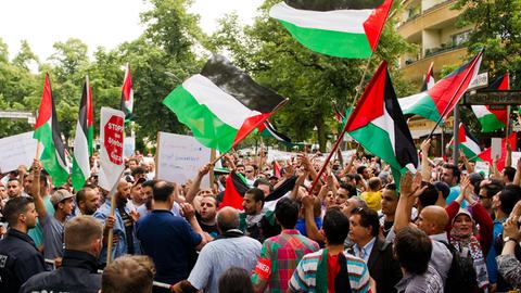 Teilnehmer einer pro-palästinensischen Kundgebung in Berlin schwenken Palästina-Fahnen