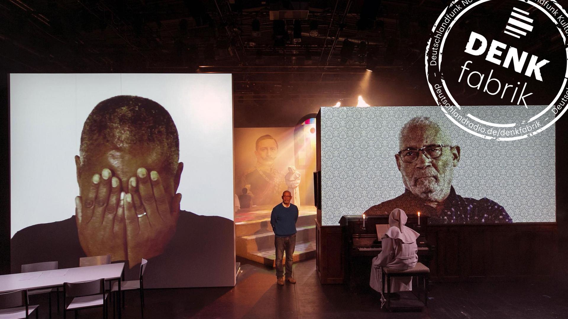 Israel Kaunatjike (Mitte), Talita Uinuses und Israel Kaunatjike (Video) in "Herero_Nama - A History of Violence" von Nuran David Calis am Schauspiel Köln. Israel Kaunatjike (Mitte), Talita Uinuses und Israel Kaunatjike (Video) in "Herero_Nama - A History of Violence" von Nuran David Calis am Schauspiel Köln.