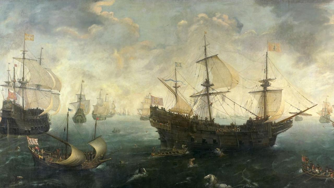 Die Spanische Armada vor der Küste Englands 1588 - Gemälde von Cornelis Claesz van Wieringen, ca. 1620 - 1625 Die Spanische Armada vor der Küste Englands 1588 - Gemälde von Cornelis Claesz van Wieringen, ca. 1620 - 1625