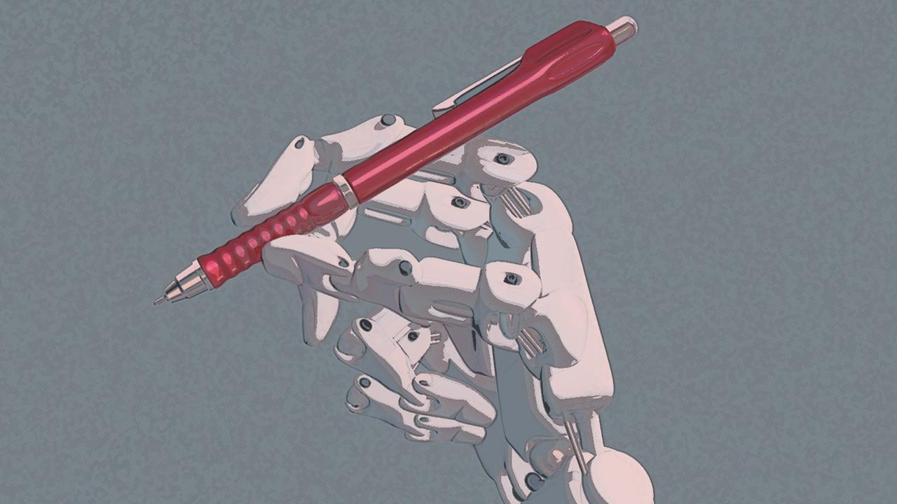 Eine Roboter-Hand mit Kugelschreiber. Eine Roboter-Hand mit Kugelschreiber.