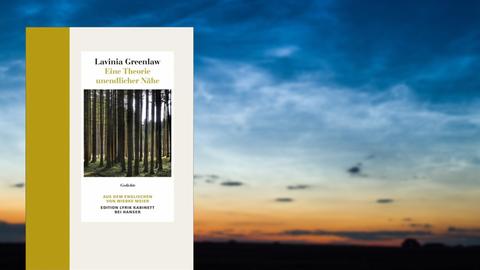 Buchcover Lavinia Greenlaw: „Eine Theorie unendlicher Nähe“. Im Hintergrund sieht man einen Sonnenuntergang.