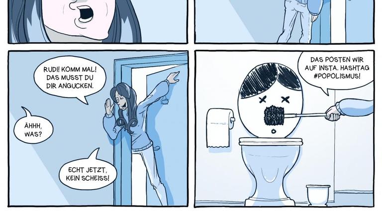 Im Bild aus "Vogelschiss" hält die Protagonisten eine Klobürste so vor eine bemalte Toilette, das sie aussieht wie eine Karikatur von Adolf Hitler. Im Bild aus "Vogelschiss" hält die Protagonisten eine Klobürste so vor eine bemalte Toilette, das sie aussieht wie eine Karikatur von Adolf Hitler.