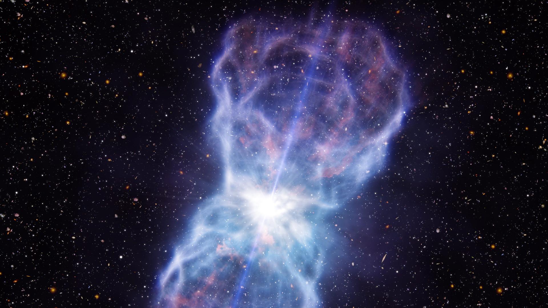 Der immense Materiefluss des Quasars (künstlerische Darstellung) Der immense Materiefluss des Quasars (künstlerische Darstellung)