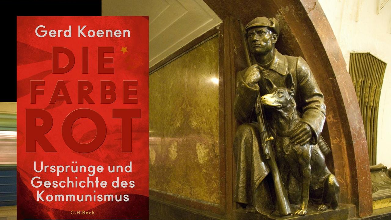 Cover "Gerd Koenen: Die Farbe Rot" vor dem Hintergrund der Statur eines Revolutionshelden in der Moskauer U-Bahn