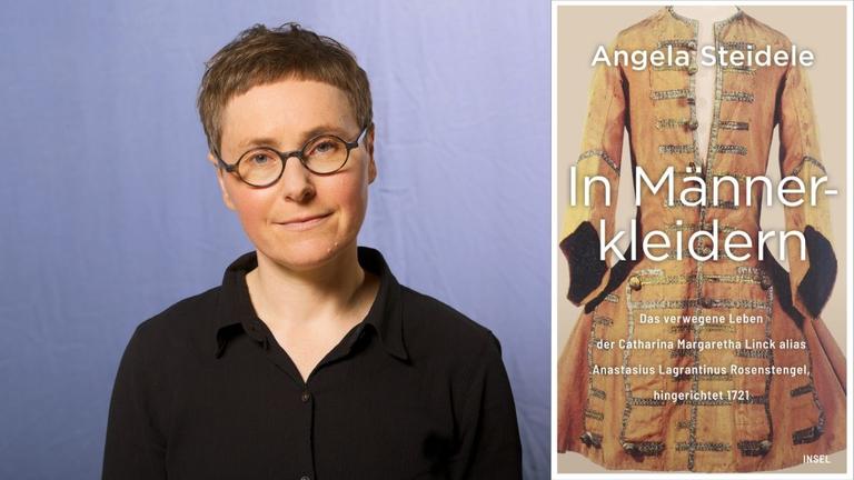 Angela Steidele: "In Männerkleidern" Zu sehen sind die Autorin und das Buchcover, auf dem ein Kleidungsstück aus dem 18. Jahrhundert abgebildet ist. Angela Steidele: "In Männerkleidern" Zu sehen sind die Autorin und das Buchcover, auf dem ein Kleidungsstück aus dem 18. Jahrhundert abgebildet ist.