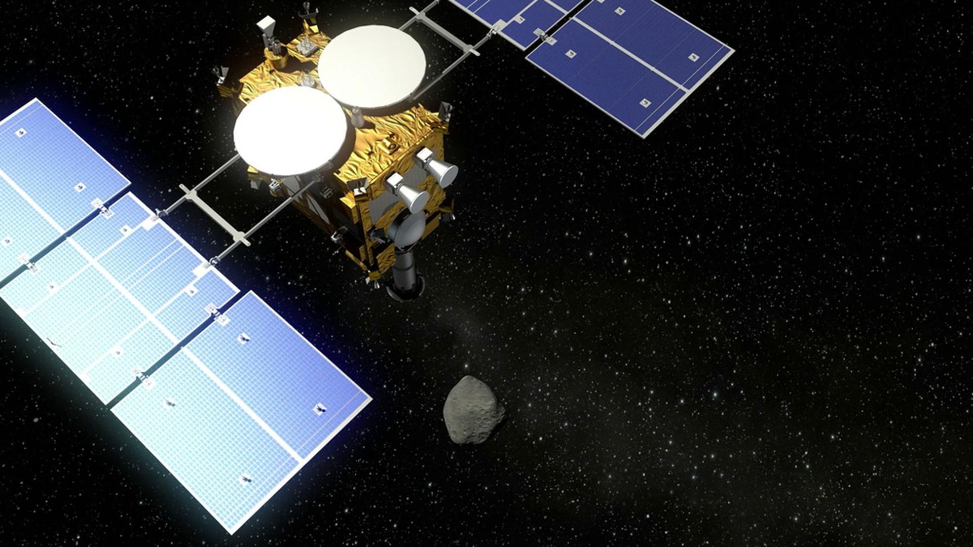 Der Asteroidenlander MASCOT fliegt mit der japanischen Raumsonde Hayabusa2 (undatierte Visualisierung) zum Asteroiden 1999 JU 3.