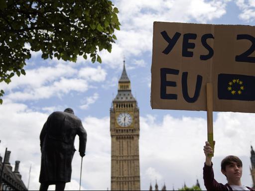 Ein Demonstrant hält ein Schild gegen den Brexit hoch.