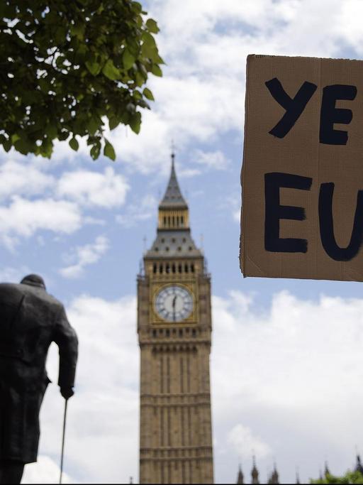 Ein Demonstrant hält ein Schild gegen den Brexit hoch.