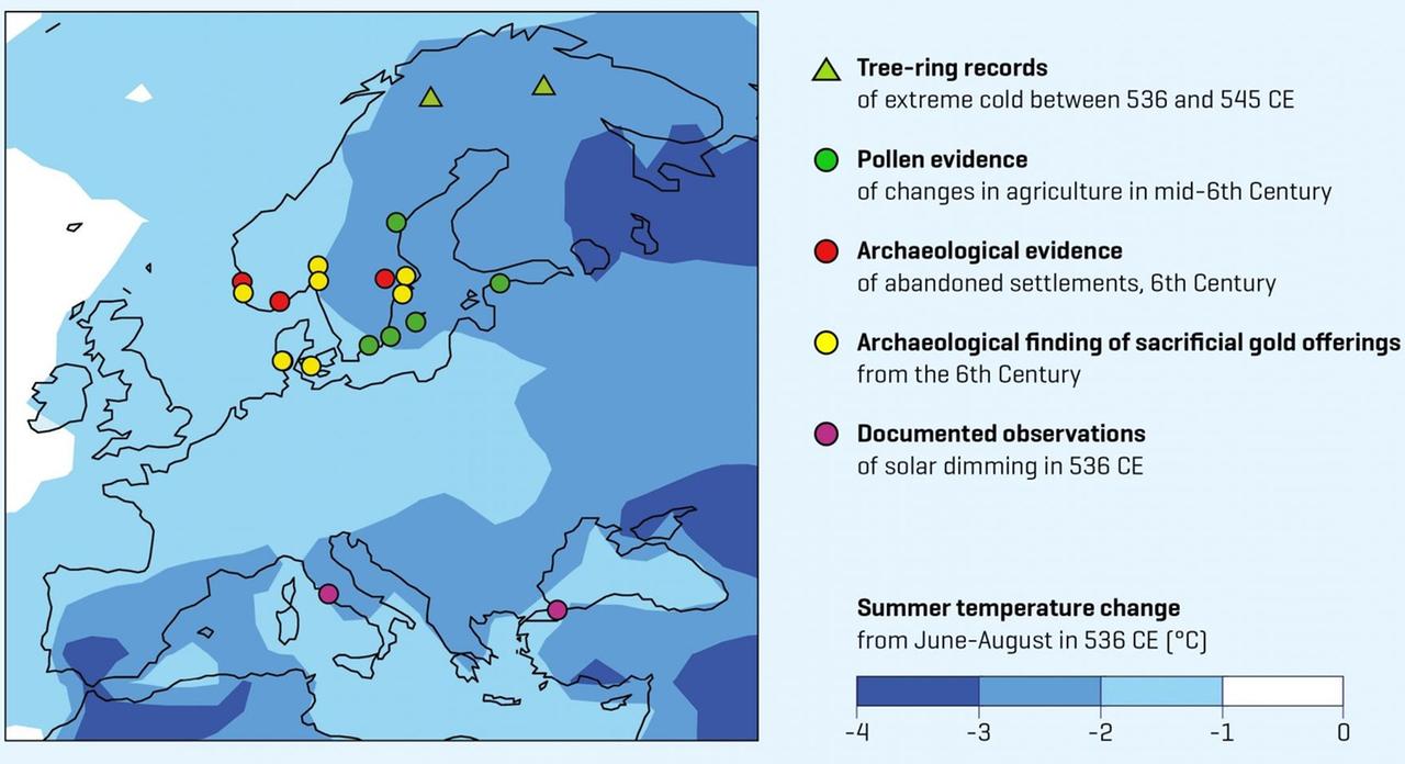 Simulierte Sommerdurchschnittstemperaturen im Jahr 536 n. Chr. als Folge der Aerosol-Wolke rekonstruiert nach zeitgenössischen Berichten und Daten aus Eisbohrkernen. Simulierte Sommerdurchschnittstemperaturen im Jahr 536 n. Chr. als Folge der Aerosol-Wolke rekonstruiert nach zeitgenössischen Berichten und Daten aus Eisbohrkernen.