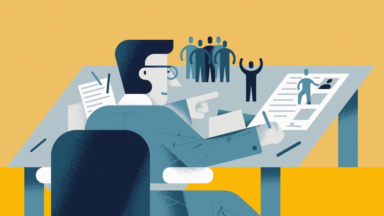 Illustration einer Figur im Anzug, die ein Dokument am Schreitisch unterschreibt. Auf dem Schreibtisch stehen kleine Figuren neben einem Lebenslauf, der auf dem Tisch liegt.