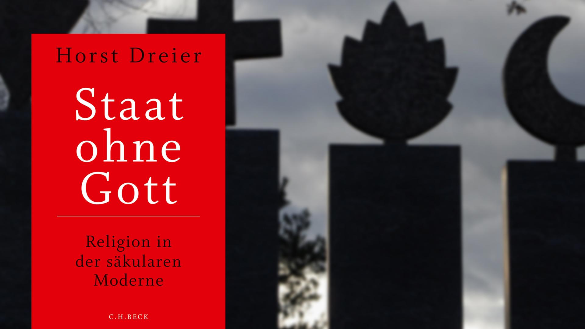 Buchcover "Staat ohne Gott" von Horst Dreier, im Hintergrund die Symbole der Weltreligionen Buchcover "Staat ohne Gott" von Horst Dreier, im Hintergrund die Symbole der Weltreligionen