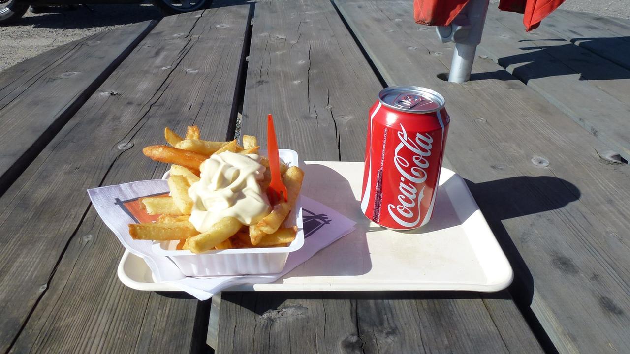 Belgische Pommes Frites in einer Schale mit Mayonaise und einer Dose Coca Cola auf einem Tablett, aufgenommen am 08.03.2014 auf einem Rastplatz in Belgien. Belgische Pommes Frites in einer Schale mit Mayonaise und einer Dose Coca Cola auf einem Tablett, aufgenommen am 08.03.2014 auf einem Rastplatz in Belgien.
