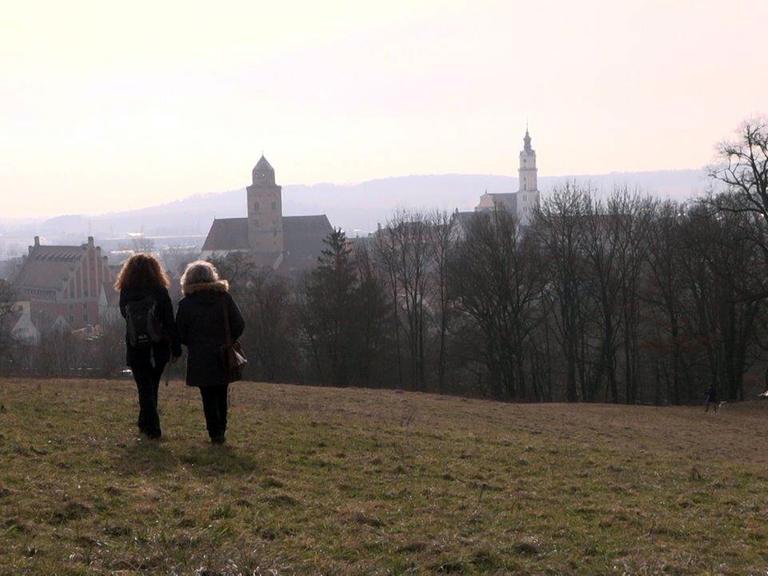 Zwei Schwestern stehen auf einer Anhöhe mit Blick auf die Stadt Donauwörth und das Kloster Heilig Kreuz.