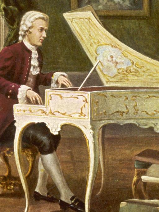 Eine historische Postkarte zeigt Wolfgang Amadeus Mozart am Cembalo