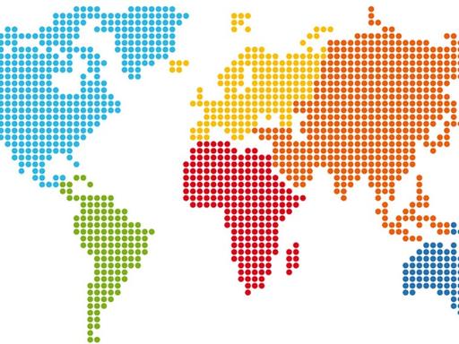 Illustration einer Weltkarte aus vielen bunten Punkten