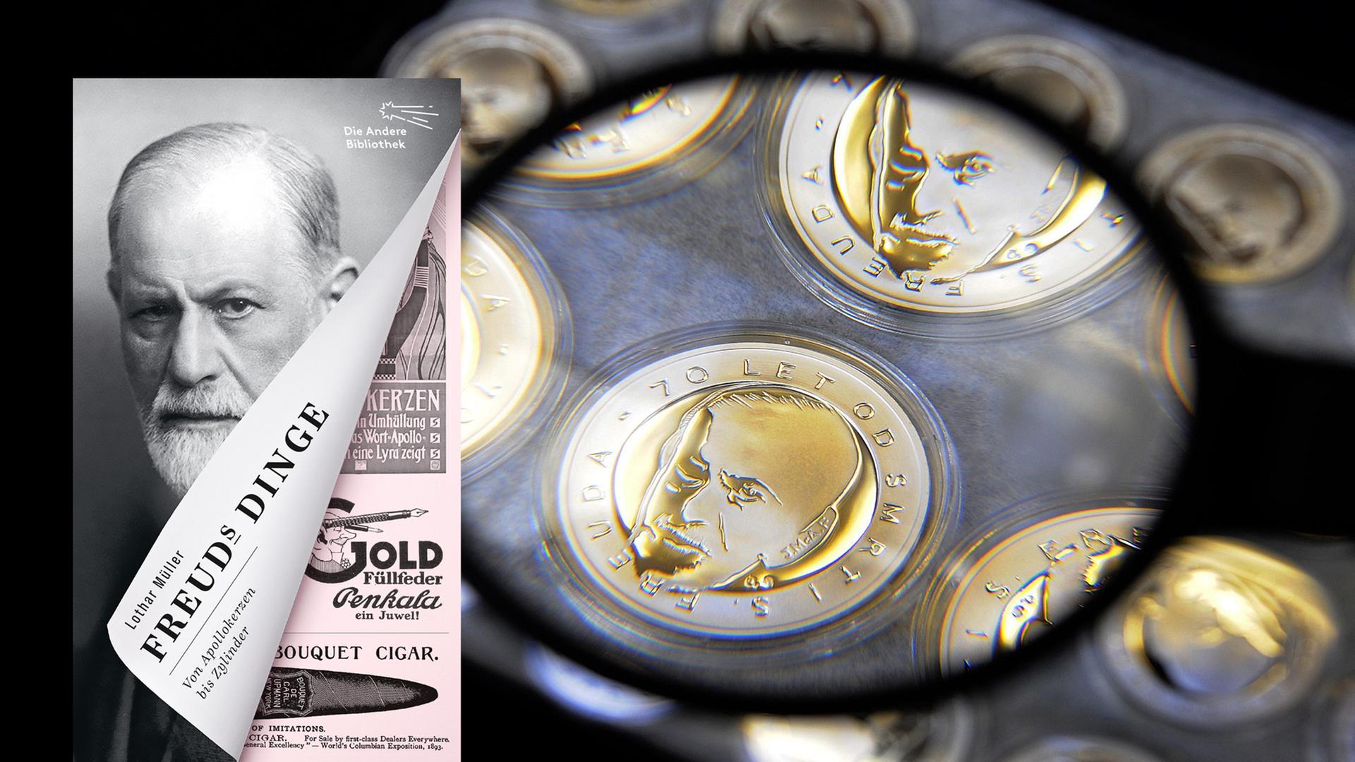 Das Cover von "Freuds Dinge: Der Diwan, die Apollokerzen & die Seele im technischen Zeitalter" und Möbel im Freud-Museum Wien. Im Hintergrund sieht man durch eine Lupe eine Münze mit Sigmund Freud. Das Cover von "Freuds Dinge: Der Diwan, die Apollokerzen & die Seele im technischen Zeitalter" und Möbel im Freud-Museum Wien. Im Hintergrund sieht man durch eine Lupe eine Münze mit Sigmund Freud.