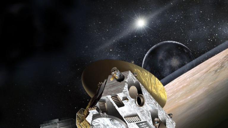 Die Raumsonde New Horizons beim Vorbeiflug an Pluto (Zeichnung) Die Raumsonde New Horizons beim Vorbeiflug an Pluto (Zeichnung)