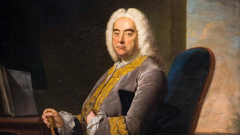Gemälde von Händel der auf einem mit blauen Samt bezogenen Sessel sitzt. Gemälde von Händel der auf einem mit blauen Samt bezogenen Sessel sitzt.