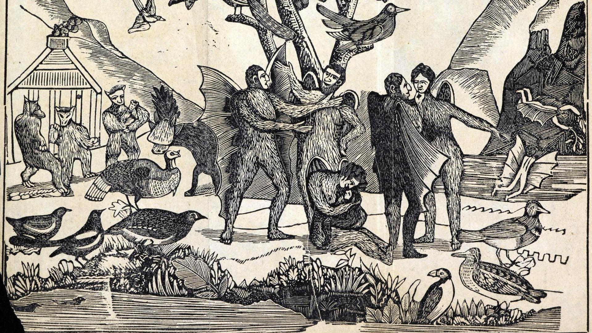 Außerirdische mit Flügeln und Federn: Illustration aus der Serie, die als "The Great Moon Hoax" in die Geschichte einging Außerirdische mit Flügeln und Federn: Illustration aus der Serie, die als "The Great Moon Hoax" in die Geschichte einging
