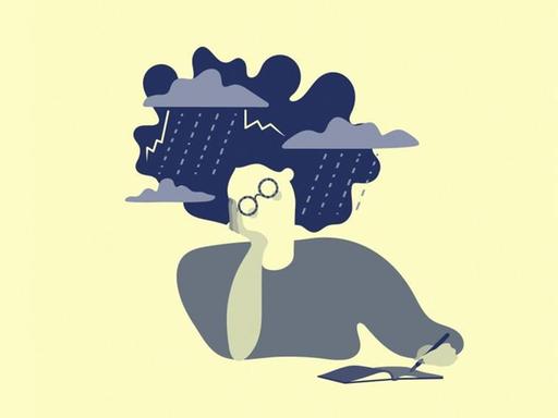 Eine Frau sitzt schreibend vor einem Buch mit einer stürmischen Wolke über dem Kopf.
