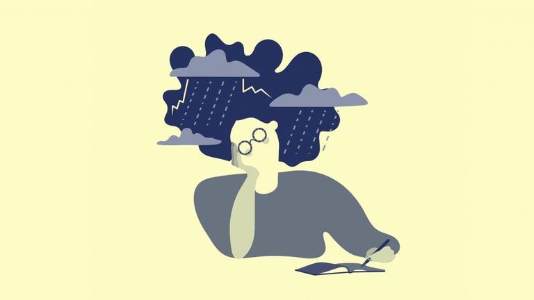 Eine Frau sitzt schreibend vor einem Buch mit einer stürmischen Wolke über dem Kopf. Eine Frau sitzt schreibend vor einem Buch mit einer stürmischen Wolke über dem Kopf.