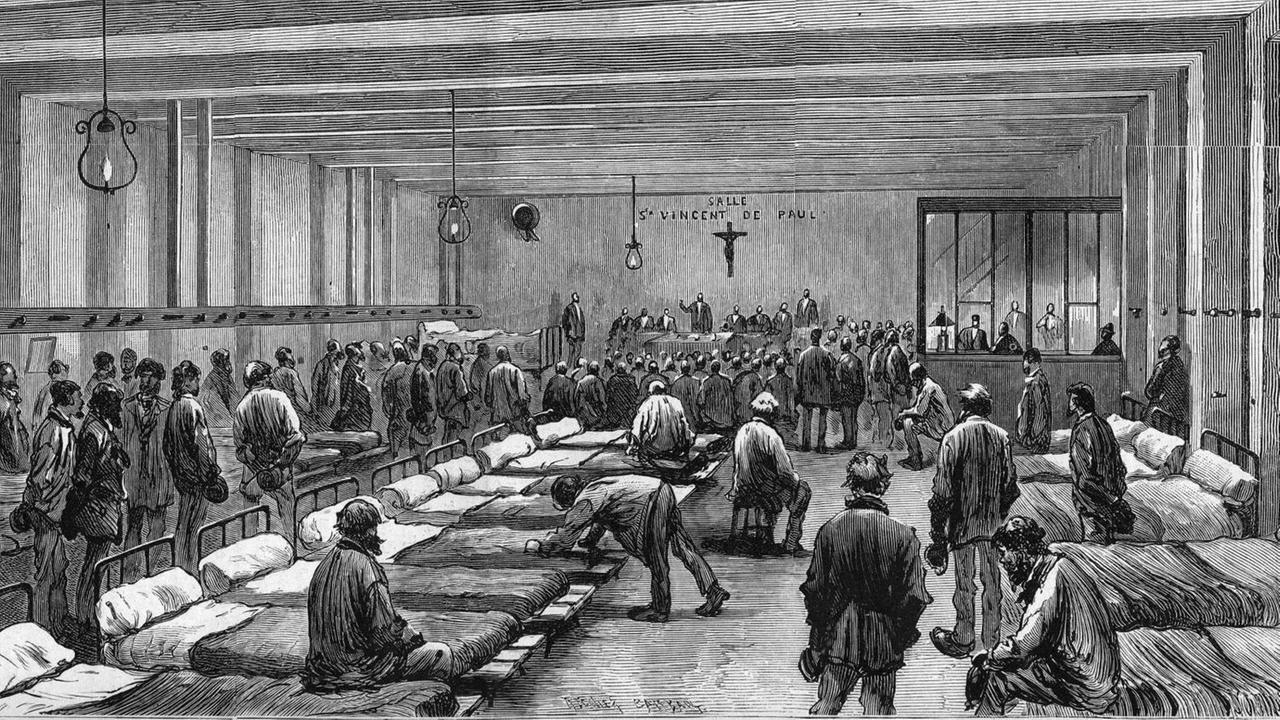 Eine historische Zeichnung eines Krankenhauses für bedürftige Menschen, 59 rue de Tocqueville. Paris, 1882. Eine historische Zeichnung eines Krankenhauses für bedürftige Menschen, 59 rue de Tocqueville. Paris, 1882.