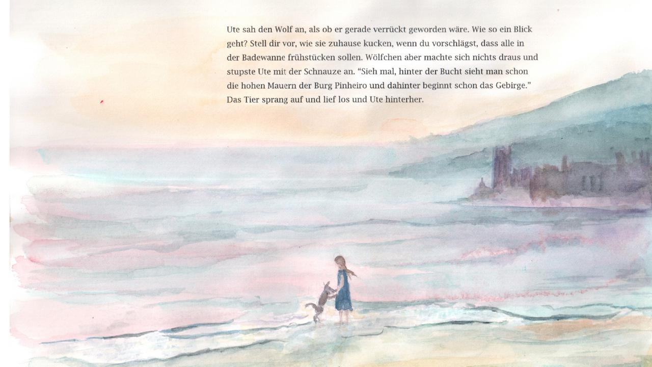 Die Hauptfigur Ute spielt mit einem Wolf am Strand: Ein Bildausschnitt aus dem Kinderbuch von Heiner Kiesel, illustriert von seiner Schwester 