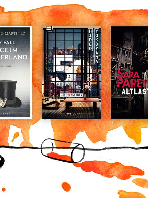 Collage zur Krimibestenliste im Juli 2020 mit den Covern zu "Altlasten", "Der Fall Alice im Wunderland" und "50".