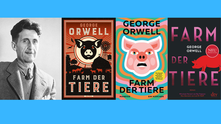 3 Buchcover von Neuübersetzungen des Romans "Farm der Tiere" von George Orwell und ein Portrait des Schriftstellers 3 Buchcover von Neuübersetzungen des Romans "Farm der Tiere" von George Orwell und ein Portrait des Schriftstellers