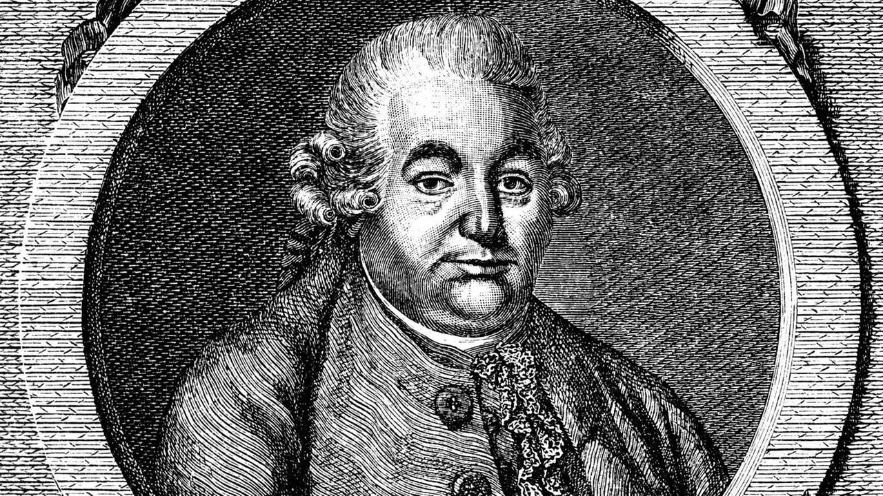 Zeitgenössisches, geziechnetes Porträt Carl Philipp Emanuel Bachs, das ihn mit Perücke und edlem Mantel zeigt.