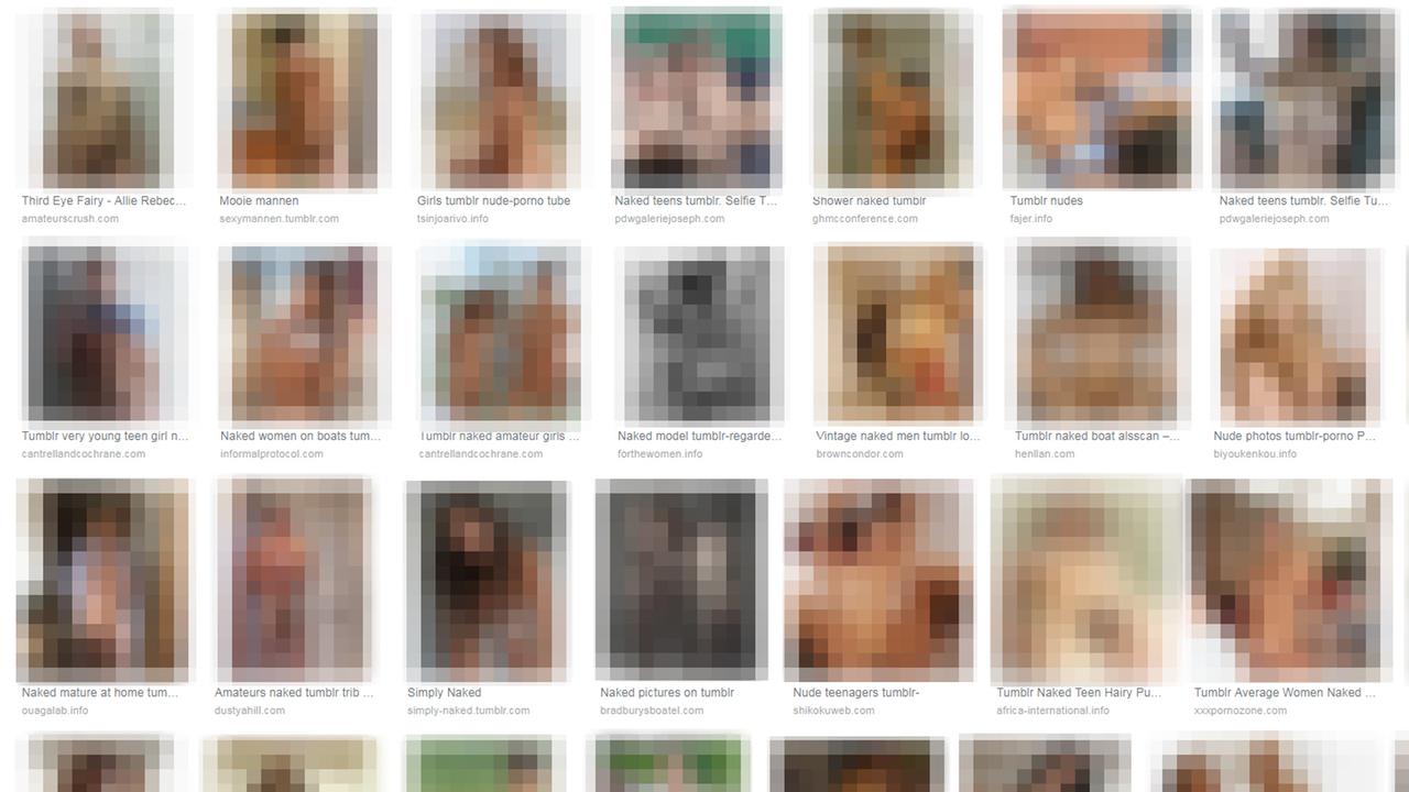 Screenshot der Ergebnisse einer Google-Bildersuche mit den Stichworten "tumblr naked": mehrere Reihen mit kleinen Bildern, auf denen nackte Personen zu sehen sind - mit Weichzeichner unkenntnlich gemacht Screenshot der Ergebnisse einer Google-Bildersuche mit den Stichworten "tumblr naked": mehrere Reihen mit kleinen Bildern, auf denen nackte Personen zu sehen sind - mit Weichzeichner unkenntnlich gemacht