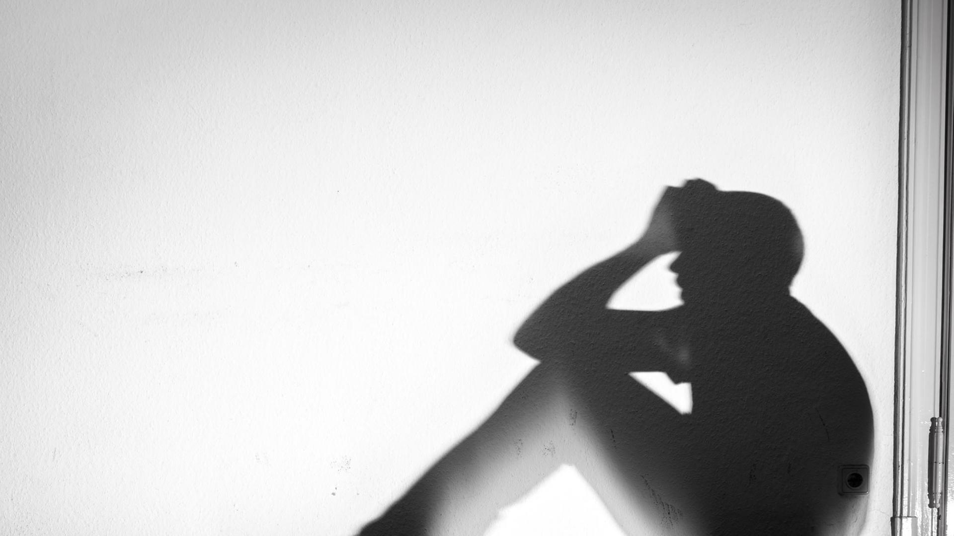 Der Schatten eines Mannes in verzweifelter Haltung wird an eine weiße Wand geworfen, aufgenommen am 01.02.2015 in Dresden (Sachsen) Der Schatten eines Mannes in verzweifelter Haltung wird an eine weiße Wand geworfen, aufgenommen am 01.02.2015 in Dresden (Sachsen)