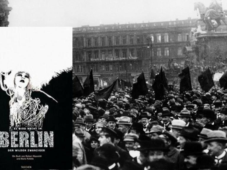 Buchcover "Es wird Nacht im Berlin der Wilden Zwanziger" vor Hintergrund: Maifeier der drei sozialdemokratischen Parteien vor dem Stadtschloss in Berlin am 01.05.1922