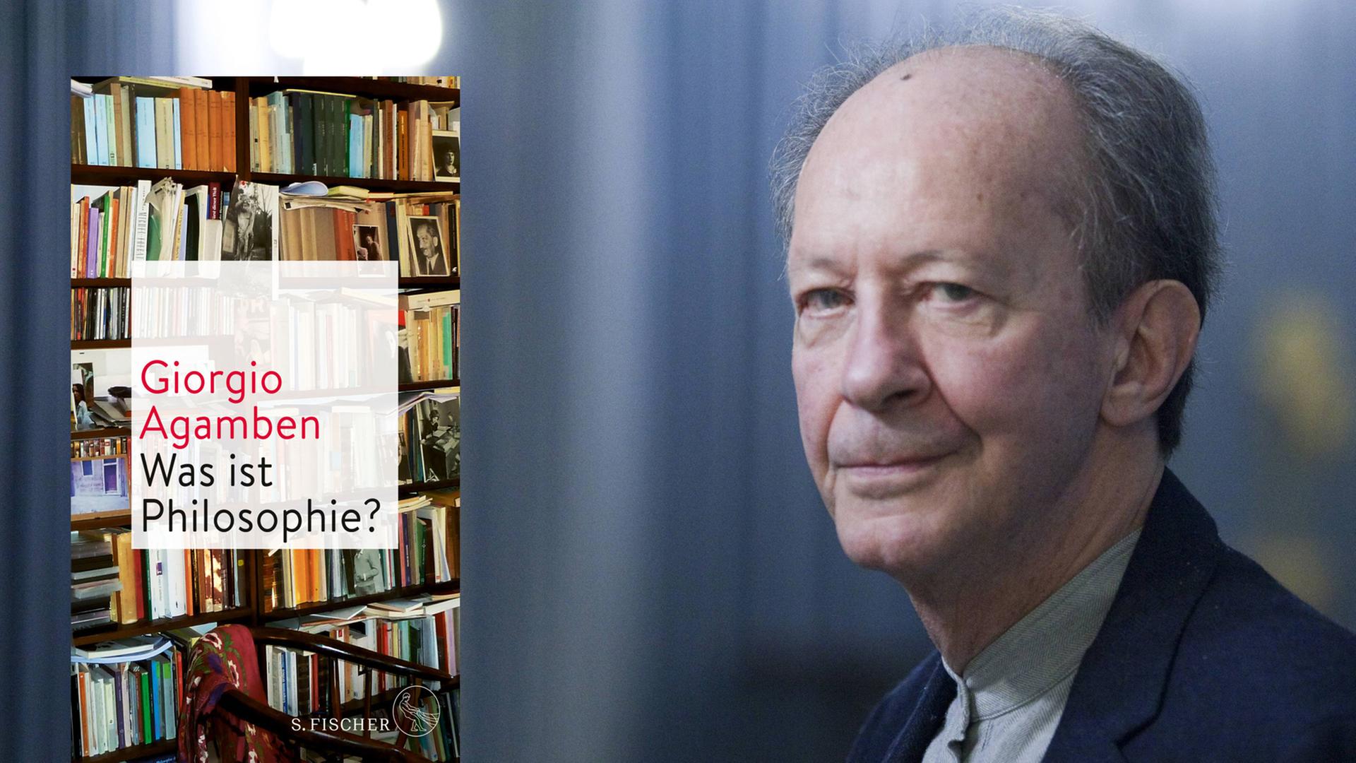 Das Buchcover "Was ist Philosophie?" - im Hintergrund der Autor Giorgio Agamben Das Buchcover "Was ist Philosophie?" - im Hintergrund der Autor Giorgio Agamben