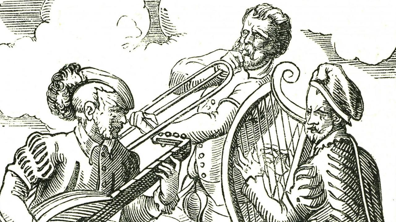 Auf einem Holzschnitt von Jost Ammann (1535 1591) spielen drei schick gekleidete Männer Eine Laute, eine Art Trompete und eine Harfe. Auf einem Holzschnitt von Jost Ammann (1535 1591) spielen drei schick gekleidete Männer Eine Laute, eine Art Trompete und eine Harfe.