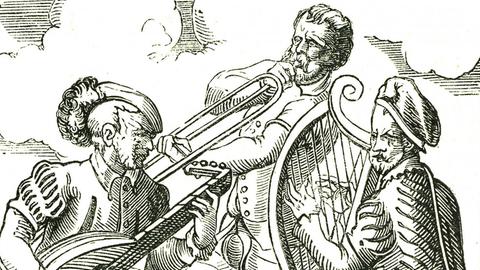 Auf einem Holzschnitt von Jost Ammann (1535 1591) spielen drei schick gekleidete Männer Eine Laute, eine Art Trompete und eine Harfe.