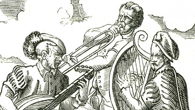 Auf einem Holzschnitt von Jost Ammann (1535 1591) spielen drei schick gekleidete Männer Eine Laute, eine Art Trompete und eine Harfe.