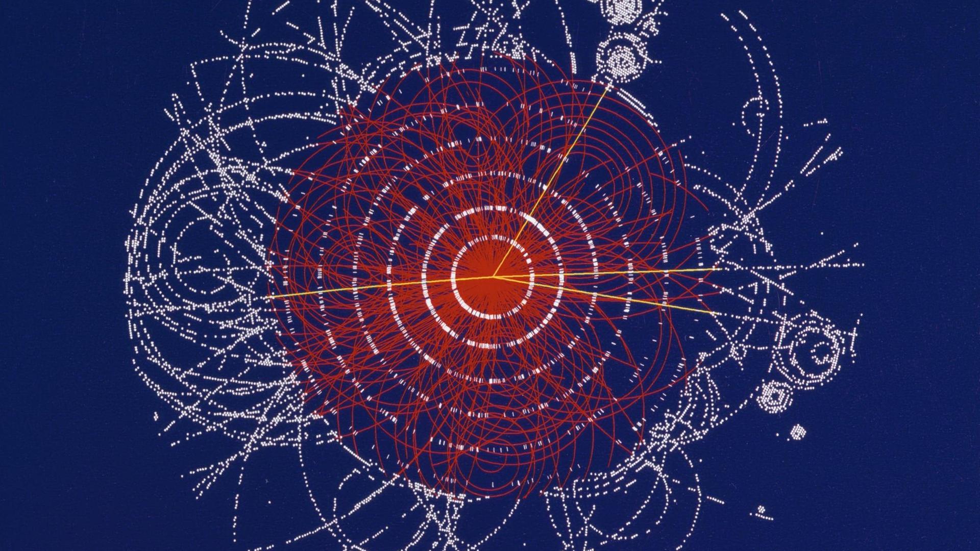 Die Illustration zeigt den Zerfall eines fiktiven Higgs-Bosons