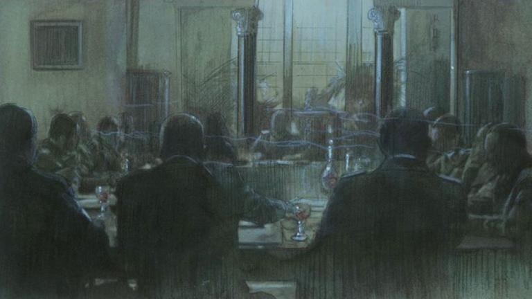 Düsteres Aquarellbild mehrerer Männer, die um einen runden Tisch sitzen. Düsteres Aquarellbild mehrerer Männer, die um einen runden Tisch sitzen.