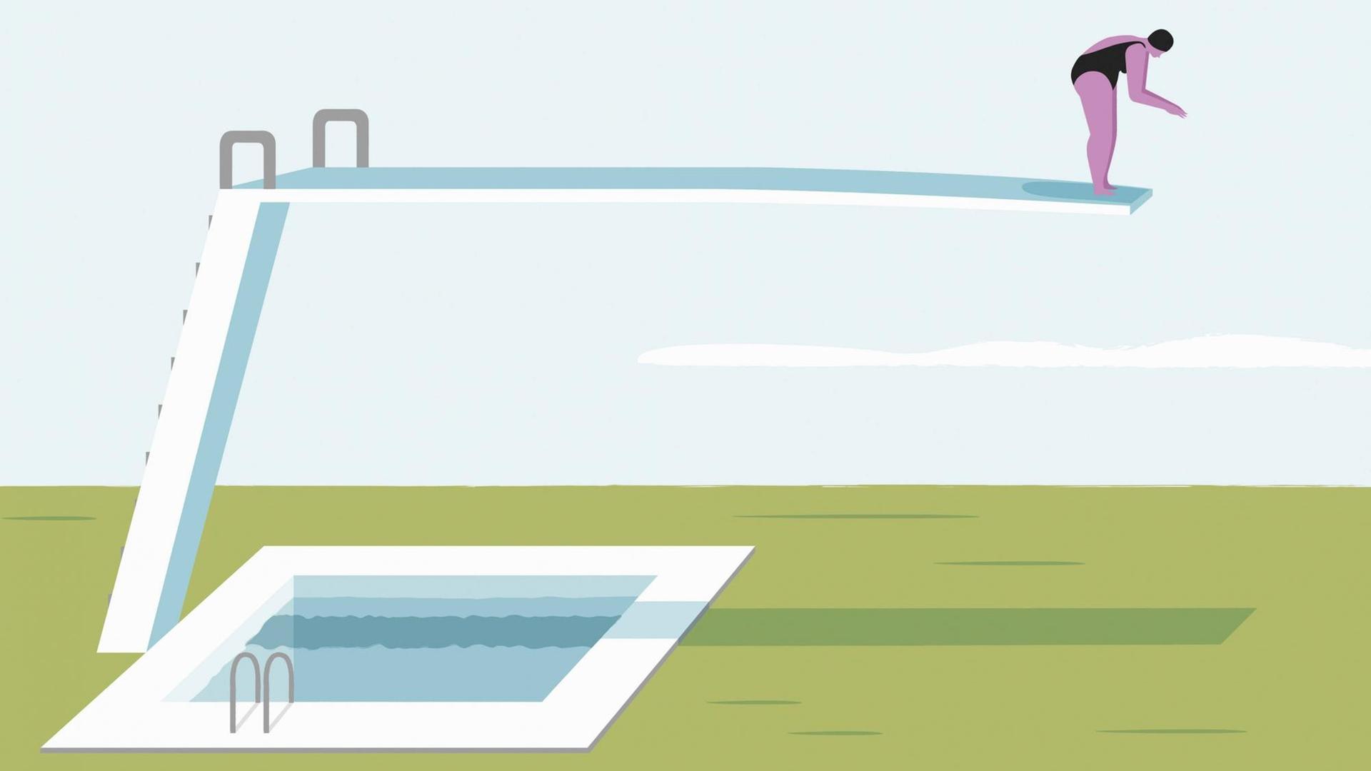 Illustration, die eine Frau auf einem Sprungbrett über festem Boden zeigt, während daneben ein Schwimmbecken ist. Illustration, die eine Frau auf einem Sprungbrett über festem Boden zeigt, während daneben ein Schwimmbecken ist.