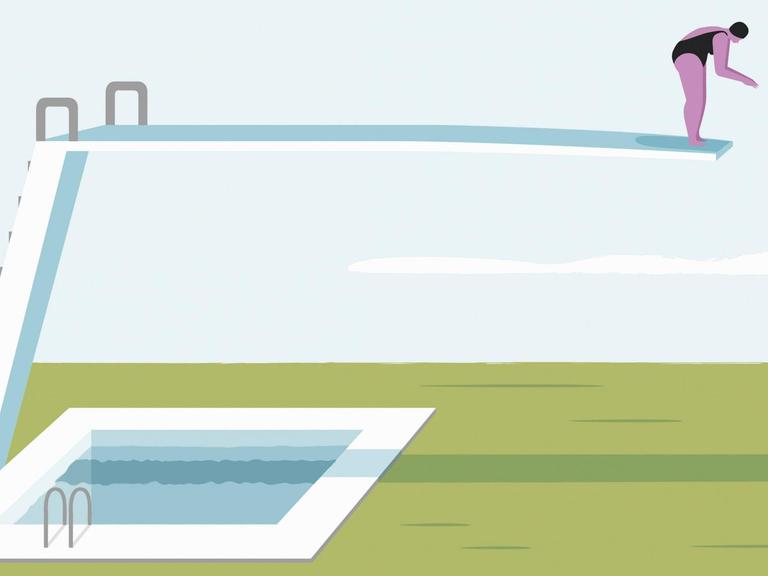 Illustration, die eine Frau auf einem Sprungbrett über festem Boden zeigt, während daneben ein Schwimmbecken ist.