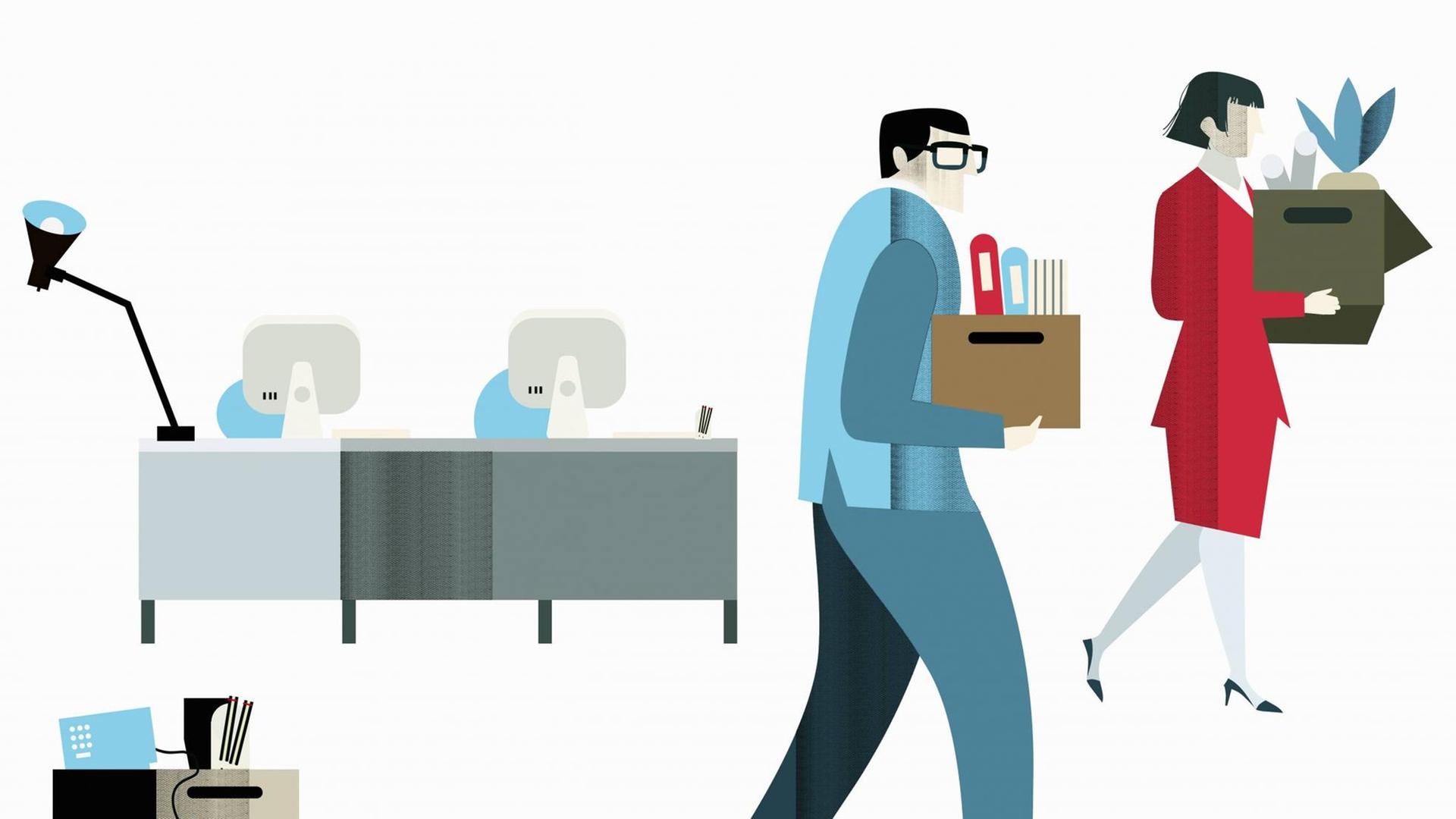 Eine Illustration zeigt Büroangestellte beim Verlassen eines Büros mit ihren Habseligkeiten. Eine Illustration zeigt Büroangestellte beim Verlassen eines Büros mit ihren Habseligkeiten.