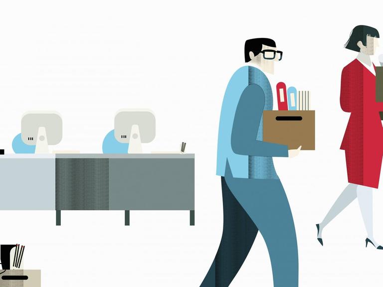 Eine Illustration zeigt Büroangestellte beim Verlassen eines Büros mit ihren Habseligkeiten.