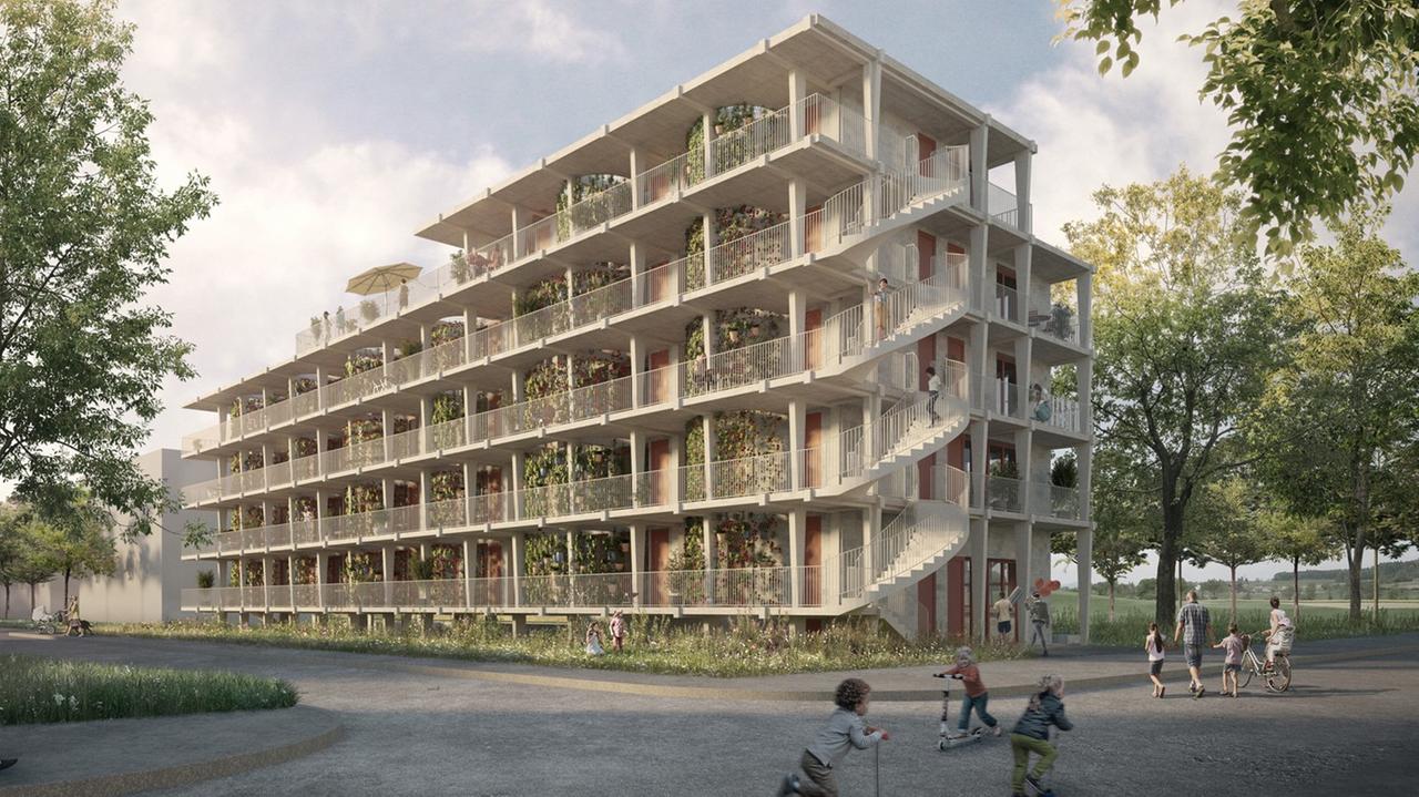 Der Entwurf des schweizerischen Architekturbüros Duplex Architekten bei der Ausstellung "Wohnen für Alle - Das neue Frankfurt 2019".