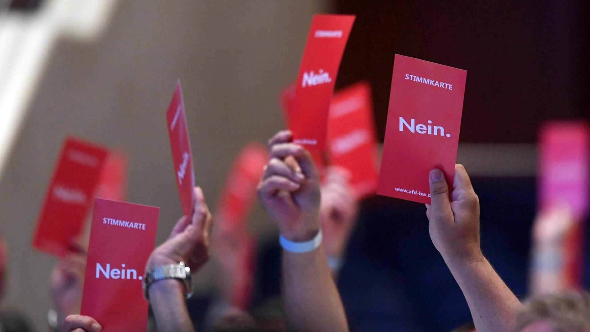 Beim 14. Landesparteitag der AfD Baden-Württemberg werden rote Stimmkarten mit der Aufschrift Nein in die Höhe gehalten. Beim 14. Landesparteitag der AfD Baden-Württemberg werden rote Stimmkarten mit der Aufschrift Nein in die Höhe gehalten.