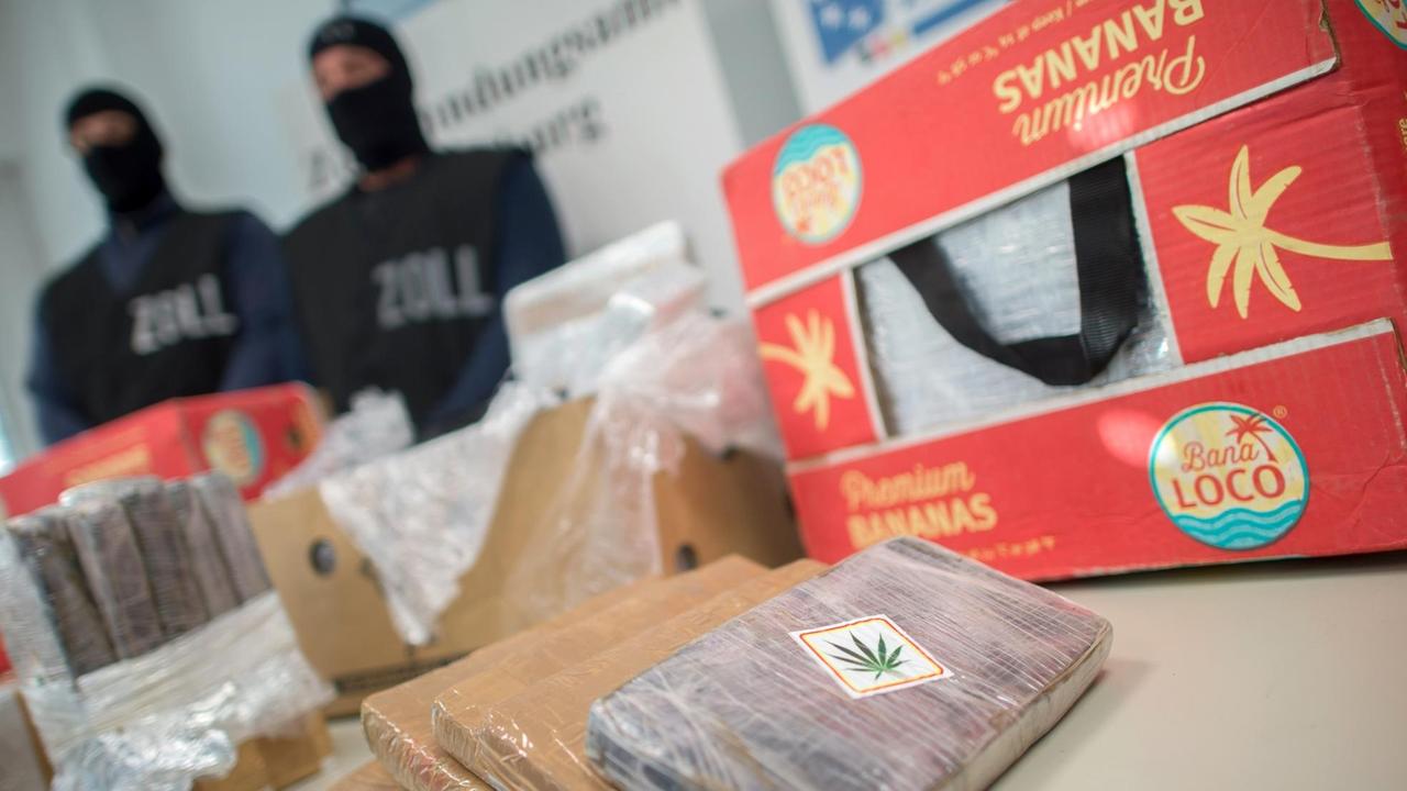 Zollbeamte sichern während einer Pressekonferenz am 17.02.2016 im Zollfahndungsamt in Hamburg 125 Kilogramm Kokain. Die Drogen befanden sich in mehreren Sporttaschen, die in Bremerhaven in Bananen-Kartons verstaut waren. 