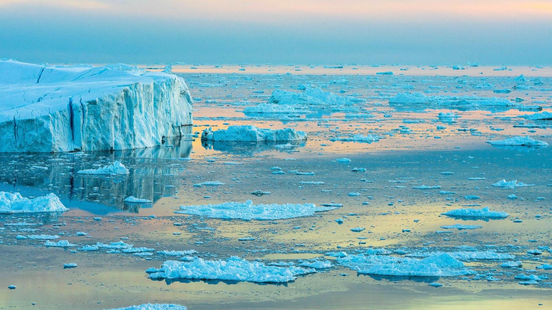 Auf dem Bild sieht man Eisberge in Grönland.