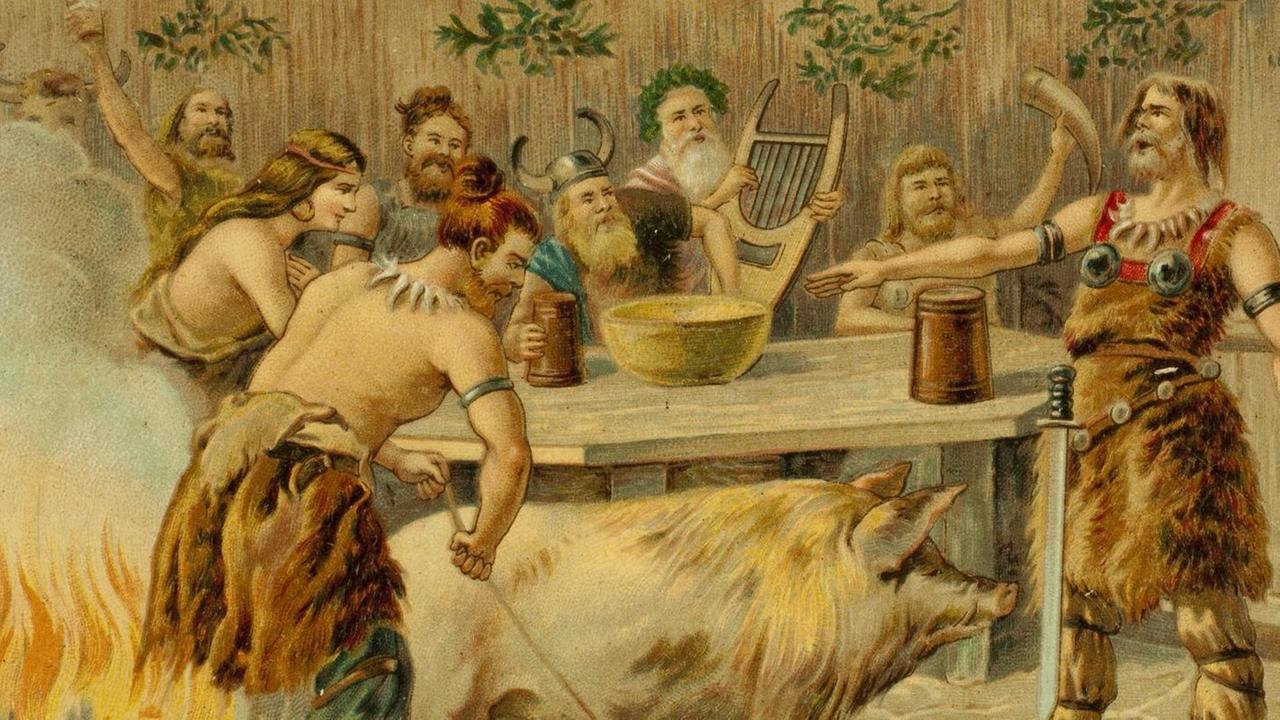 Farblithographie: "Julfest", anonym, um 1900. Sammelbildchen der Comagnie Liebig's Fleisch-Extract. Aus einer Serie: Germanische Bräuche. Farblithographie: "Julfest", anonym, um 1900. Sammelbildchen der Comagnie Liebig's Fleisch-Extract. Aus einer Serie: Germanische Bräuche.