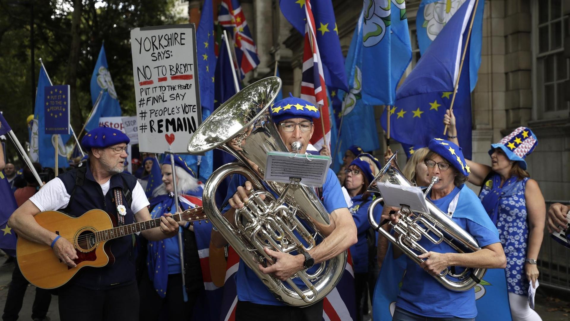 Eine Pro-EU-Band demonstriert in London gegen den Brexit. Eine Pro-EU-Band demonstriert in London gegen den Brexit.