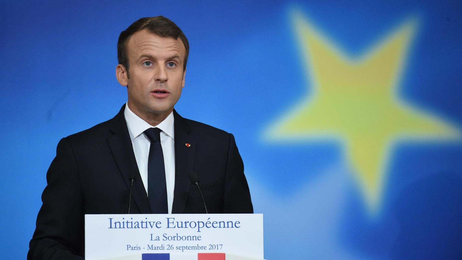Frankreichs Präsident Emmanuel Macron bei seiner Grundsatz-Rede an der Pariser Universität Sorbonne. Frankreichs Präsident Emmanuel Macron bei seiner Grundsatz-Rede an der Pariser Universität Sorbonne.